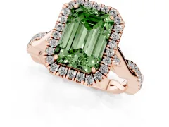 Fancy Green Emerald Cut Diamond Halo Twist Band Solitaire Ring Set in Rose gold with Prong Setting