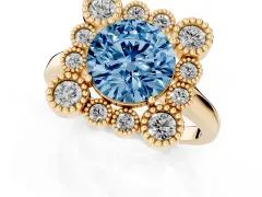 Fancy Blue Round Cut Diamond Cluster Halo Ring Set in Yellow gold with Milgrain Bezel Accents and Plain Band