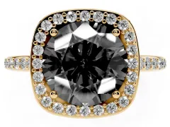 Fancy Black Round Cut Diamond Halo Engagement Ring Set in Yellow gold with Round Pavé Shoulders and Heart Gallery