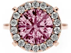 Fancy Pink Round Cut Diamond Cluster Halo Solitaire Ring Set in Rose gold with Prong Setting