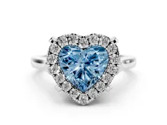 Fancy Blue Heart Cut Diamond Cluster Halo Solitaire Ring Set in White gold with Prong Setting