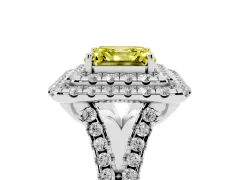 Fancy Yellow Asscher Cut Diamond Double Halo Ring Set in Platinum with Pavé Split Shank and Prong Setting