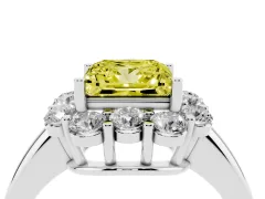 Fancy Yellow Princess Cut Diamond Milgrain Halo Solitaire Ring Set in Platinum with Bezel Set Side Stones and Pavé Band