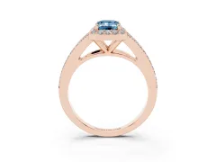 Fancy Blue Emerald Cut Diamond Halo Split Shank Pavé Ring Set in Rose gold with Prong Setting