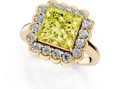 Fancy Yellow Princess Cut Diamond Halo Cluster Engagement Ring Set in Yellow gold with Solitaire Band and Prong Setting