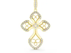 Round Diamond Cross Pendant Set in Yellow gold with Pavé and Milgrain Edge