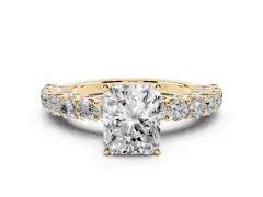 Radiant Cut Diamond Solitaire Ring Set in Yellow gold with Shared Prong Pavé Band