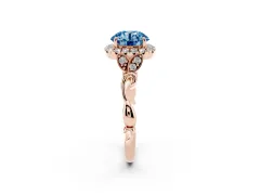 Fancy Blue Round Cut Diamond Halo Engagement Ring Set in Rose gold with Vintage-Inspired Band and Prong Setting