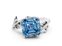 Fancy Blue Asscher Cut Diamond Solitaire Twist Engagement Ring Set in Silver with Pavé Leaf Accents