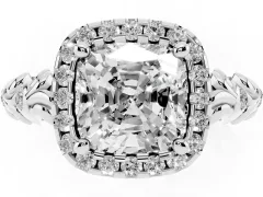 Cushion Cut Diamond Halo Ring Set in White gold with Filigree Leaf Band and Prong Setting