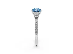 Fancy Blue Cushion Cut Diamond Three-Stone Ring Set in Platinum with Pavé Band and Graduated Sides