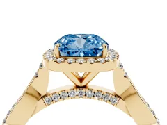 Fancy Blue Cushion Cut Diamond Halo Twist Band Solitaire Ring Set in Yellow gold with Prong Setting
