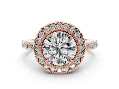 Round Cut Diamond Halo Ring Set in Rose gold with Pavé Shank and Prong Setting