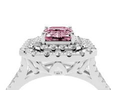 Fancy Pink Emerald Cut Diamond Double Halo Ring Set in Platinum with Pavé Split Shank and Prong Setting