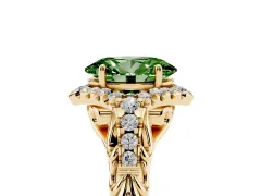 Fancy Green Oval Cut Diamond Solitaire Ring Set in Yellow gold with Hidden Halo and Pavé Band