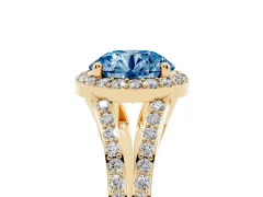 Fancy Blue Round Cut Diamond Halo Split Shank Ring Set in Yellow gold with Accent Stones and Prong Setting