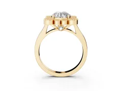 Round Cut Diamond Cluster Halo Ring Set in Yellow gold with Milgrain Bezel Accents and Plain Band