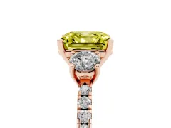 Fancy Yellow Asscher Cut Diamond Three-Stone Ring Set in Rose gold with Pavé Band and Graduated Sides