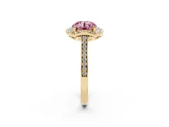 Fancy Pink Round Cut Diamond Halo Ring Set in Yellow gold with Pavé-Lined Shoulders and Prong Setting
