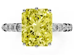 Fancy Yellow Radiant Cut Diamond Solitaire Engagement Ring Set in Platinum with Pavé Band and Prong Setting