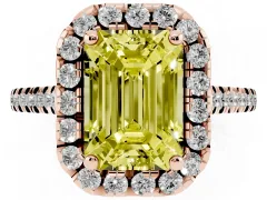 Fancy Yellow Emerald Cut Diamond Cushion Halo Ring Set in Rose gold with Pavé Band