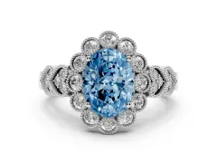 Fancy Blue Oval Cut Diamond Solitaire Ring Set in White gold with Milgrain Pavé Heart Band