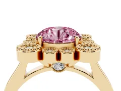 Fancy Pink Round Cut Diamond Cluster Halo Ring Set in Yellow gold with Milgrain Bezel Accents and Plain Band