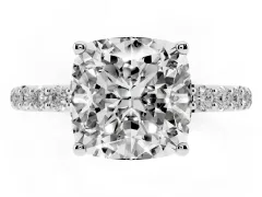 Cushion Cut Diamond Solitaire Engagement Ring Set in White gold with Round Pavé Band and Prong Setting