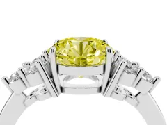 Fancy Yellow Round Cut Diamond Solitaire Ring Set in Platinum with Cluster Accents on Each Side