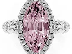 Fancy Pink Marquise Cut Diamond Halo Ring Set in Silver with Filigree Leaf Band and Prong Setting