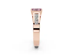 Fancy Pink Emerald Cut Diamond Solitaire Ring Set in Rose gold with Channel-Set Accent Stones and Prong Setting