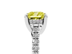 Fancy Yellow Cushion Cut Diamond Solitaire Ring Set in White gold with Brilliant Pavé Band and Prong Setting