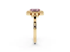 Fancy Pink Emerald Cut Diamond Cluster Halo Ring Set in Yellow gold with Milgrain Bezel Accents and Plain Band