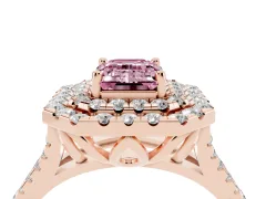 Fancy Pink Emerald Cut Diamond Double Halo Ring Set in Rose gold with Pavé Split Shank and Prong Setting