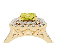 Fancy Yellow Radiant Cut Diamond Double Halo Ring Set in Yellow gold with Pavé Split Shank and Prong Setting