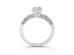 Cushion Cut Diamond Pavé Band Solitaire Ring Set in Platinum with Close-Set Accent Stones and Prong Setting