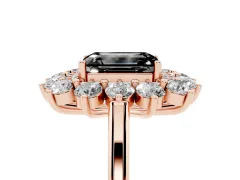 Fancy Black Emerald Cut Diamond Floral Double Halo Ring Set in Rose gold with Round Petals