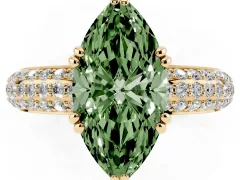 Fancy Green Marquise Cut Diamond Solitaire Ring Set in Yellow gold with Multi-Row Round Pavé Band and Prong Setting