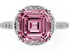 Fancy Pink Asscher Cut Diamond Halo Ring Set in White gold with Channel Set Band and Prong Setting
