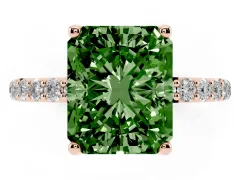 Fancy Green Radiant Cut Diamond Solitaire Engagement Ring Set in Rose gold with Round Pavé Band and Prong Setting