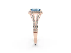 Fancy Blue Emerald Cut Diamond Halo Split Shank Pavé Ring Set in Rose gold with Prong Setting