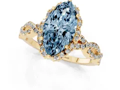 Fancy Blue Marquise Cut Diamond Halo Twist Band Solitaire Ring Set in Yellow gold with Prong-Set Center Stone