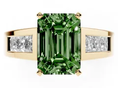 Fancy Green Emerald Cut Diamond Solitaire Ring Set in Yellow gold with Channel-Set Accent Stones and Prong Setting