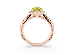 Fancy Yellow Cushion Cut Diamond Halo Ring Set in Rose gold with Filigree Leaf Band and Prong Setting