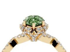 Fancy Green Marquise Cut Diamond Halo Twist Band Solitaire Ring Set in Yellow gold with Prong-Set Center Stone