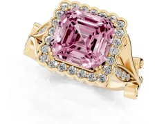 Fancy Pink Asscher Cut Diamond Halo Ring Set in Yellow gold with Leaf Motif Split Shank and Prong Setting