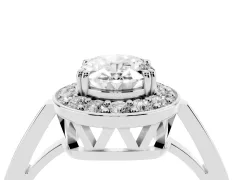 Oval Cut Diamond Halo Ring Set in White gold with Accent-Lined Split Shank and Prong Setting