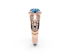 Fancy Blue Round Cut Diamond Halo Ring Set in Rose gold with Double Pavé Split Shank