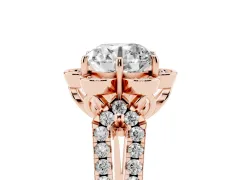 Round Cut Diamond Floral Halo Split Shank Engagement Ring Set in Rose gold with Pavé Shank