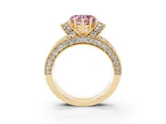 Fancy Pink Heart Cut Diamond Milgrain Halo Pavé Engagement Ring Set in Yellow gold with Prong Setting